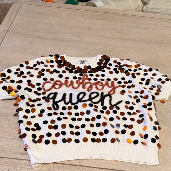 QUEEN OF SPARKLES Tops - QUEEN OF SPARKLES White and Orange Oklahoma state Polka Dot sweater